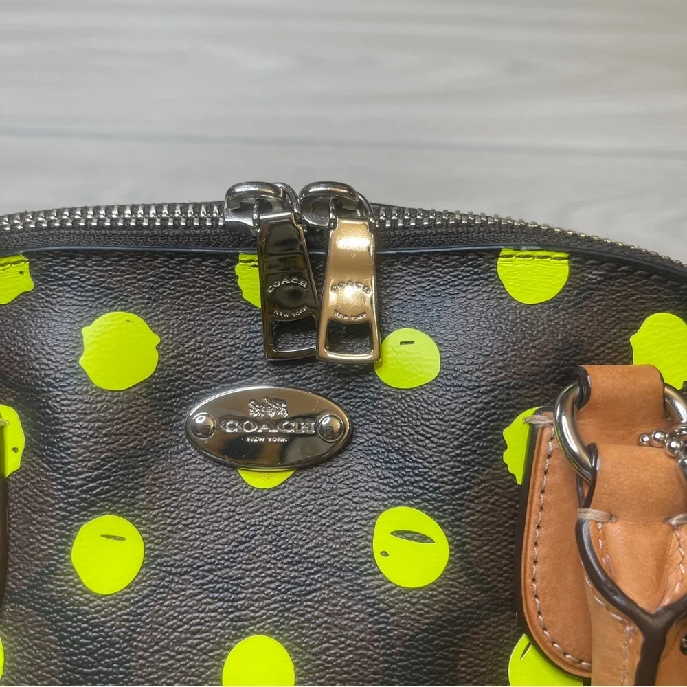 Coach Cora Dome Satchel Purse Signature Canvas Neon Yellow Dots w/Leather Trim - Picture 3 of 15
